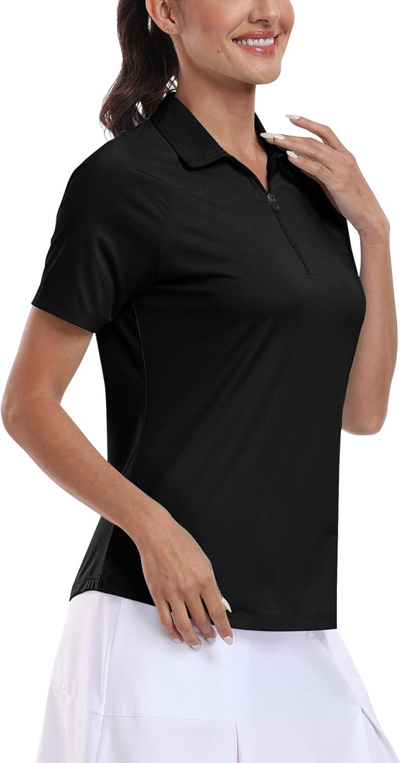 imageMoFiz Womens Golf Polo Shirts Short Sleeve Zip Up Collared Tennis Shirts Lightweight Dry Fit Sports Athletic Casual TopsBblack
