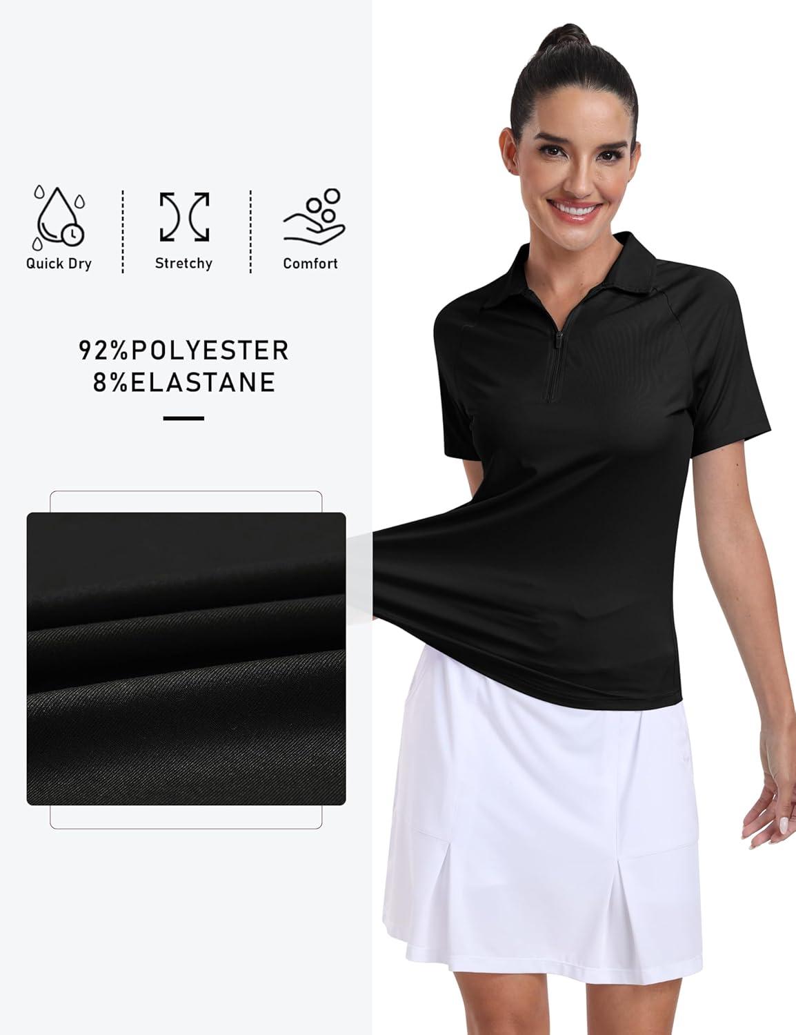 imageMoFiz Womens Golf Polo Shirts Short Sleeve Zip Up Collared Tennis Shirts Lightweight Dry Fit Sports Athletic Casual TopsBblack