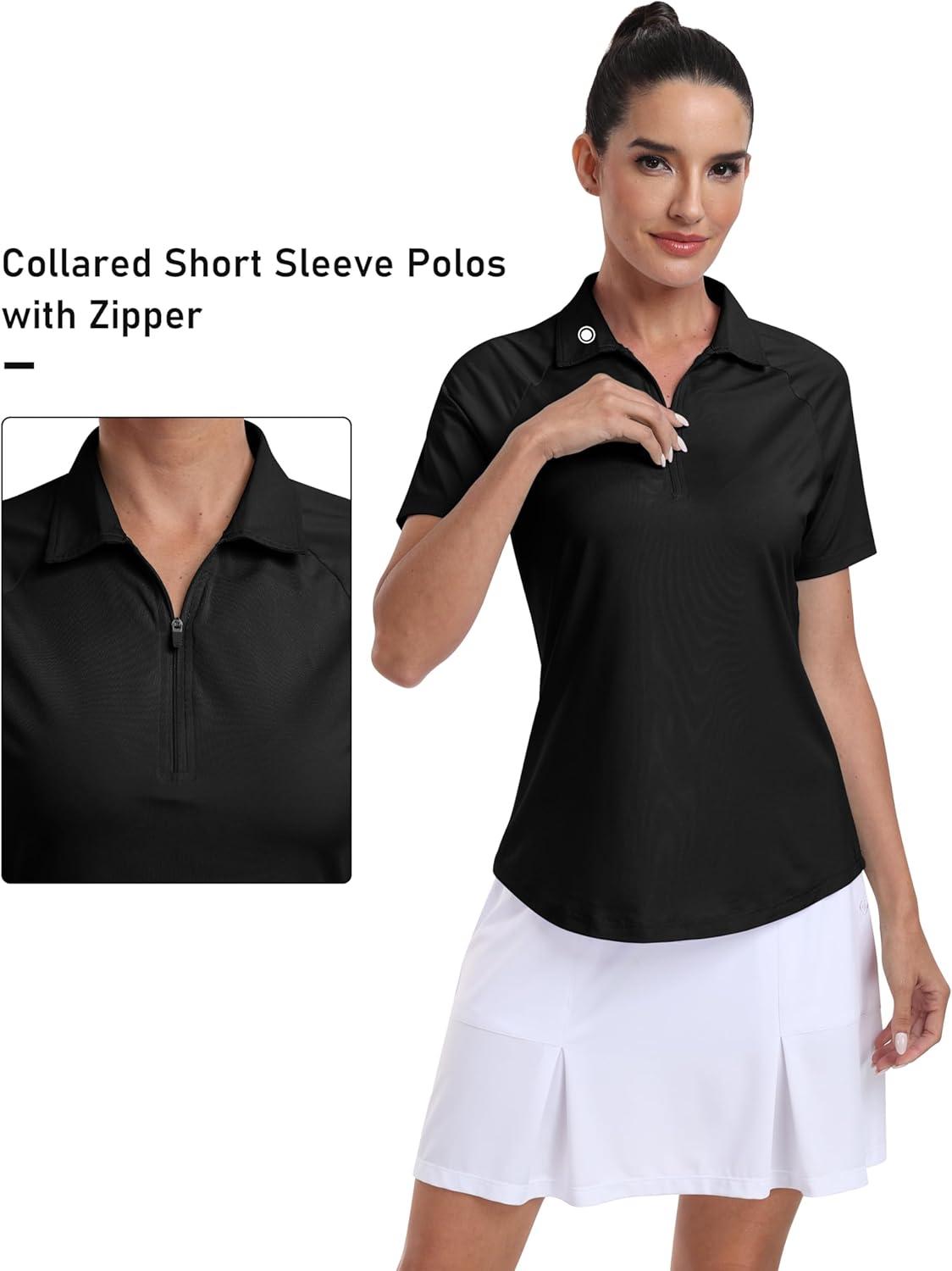 imageMoFiz Womens Golf Polo Shirts Short Sleeve Zip Up Collared Tennis Shirts Lightweight Dry Fit Sports Athletic Casual TopsBblack