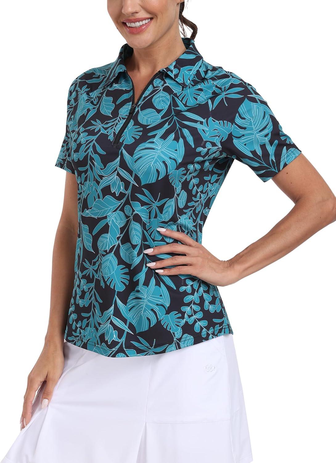 imageMoFiz Womens Golf Polo Shirts Short Sleeve Zip Up Collared Tennis Shirts Lightweight Dry Fit Sports Athletic Casual TopsBgreen Pattern