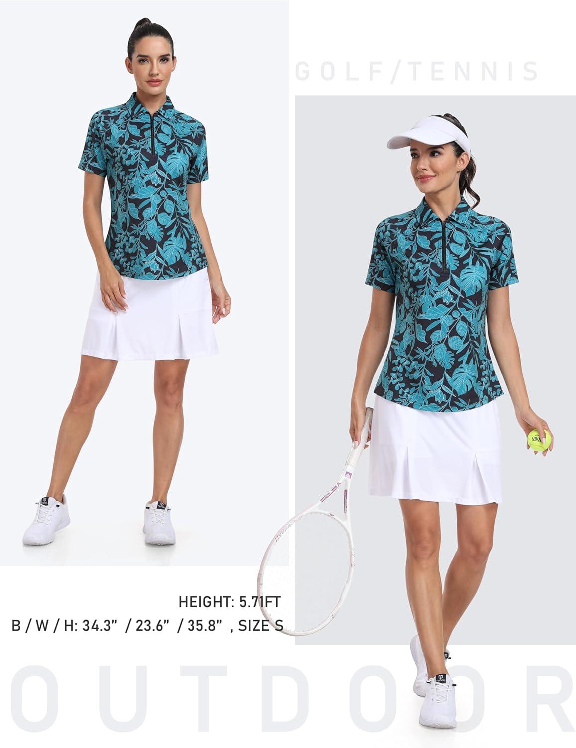 imageMoFiz Womens Golf Polo Shirts Short Sleeve Zip Up Collared Tennis Shirts Lightweight Dry Fit Sports Athletic Casual TopsBgreen Pattern