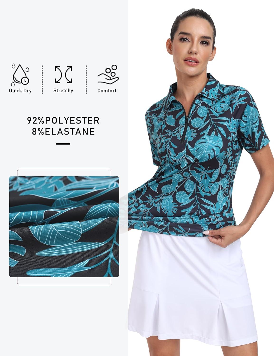 imageMoFiz Womens Golf Polo Shirts Short Sleeve Zip Up Collared Tennis Shirts Lightweight Dry Fit Sports Athletic Casual TopsBgreen Pattern