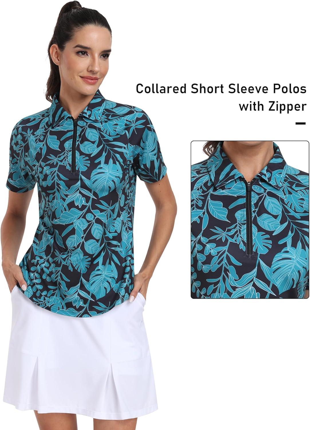 imageMoFiz Womens Golf Polo Shirts Short Sleeve Zip Up Collared Tennis Shirts Lightweight Dry Fit Sports Athletic Casual TopsBgreen Pattern