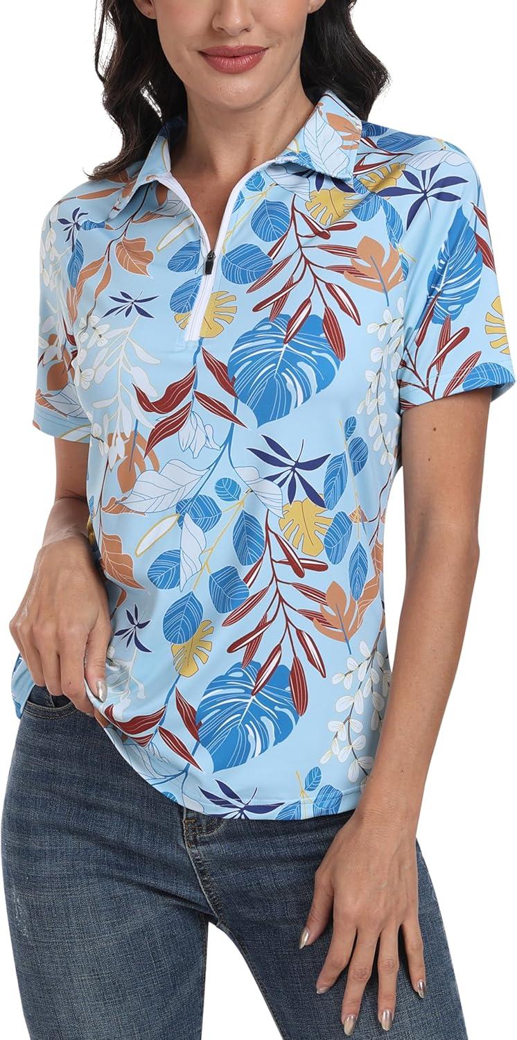 imageMoFiz Womens Golf Polo Shirts Short Sleeve Zip Up Collared Tennis Shirts Lightweight Dry Fit Sports Athletic Casual TopsBlight Blue Pattern