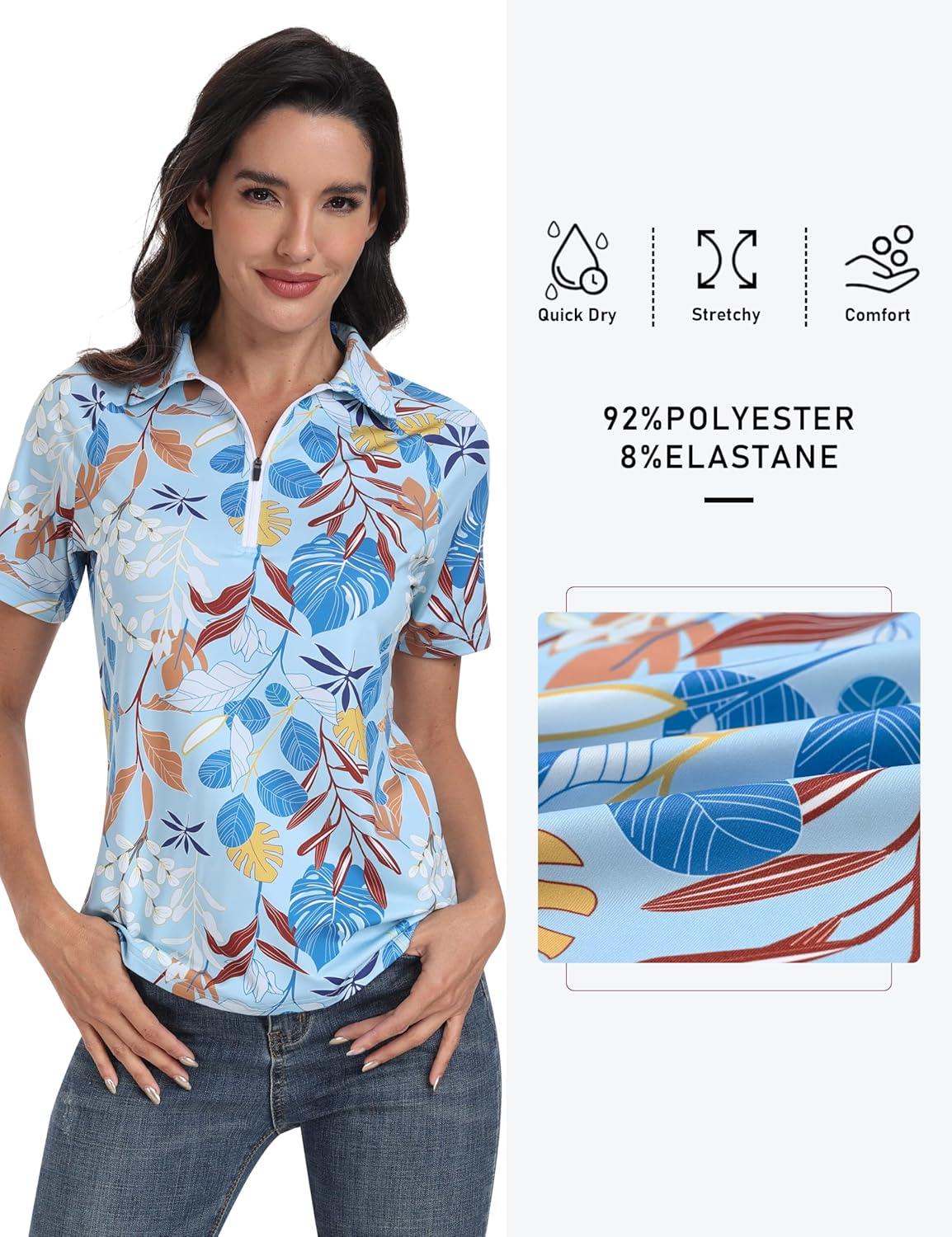 imageMoFiz Womens Golf Polo Shirts Short Sleeve Zip Up Collared Tennis Shirts Lightweight Dry Fit Sports Athletic Casual TopsBlight Blue Pattern