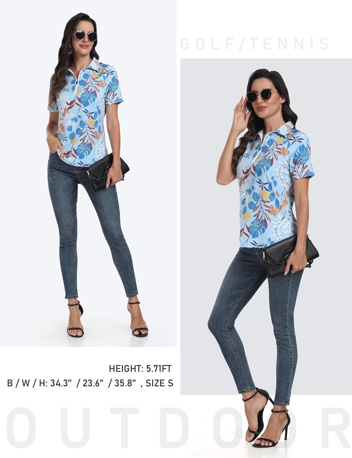 imageMoFiz Womens Golf Polo Shirts Short Sleeve Zip Up Collared Tennis Shirts Lightweight Dry Fit Sports Athletic Casual TopsBlight Blue Pattern