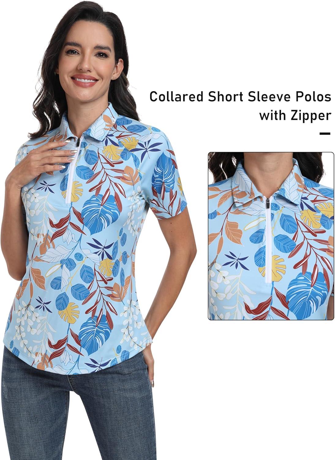 imageMoFiz Womens Golf Polo Shirts Short Sleeve Zip Up Collared Tennis Shirts Lightweight Dry Fit Sports Athletic Casual TopsBlight Blue Pattern