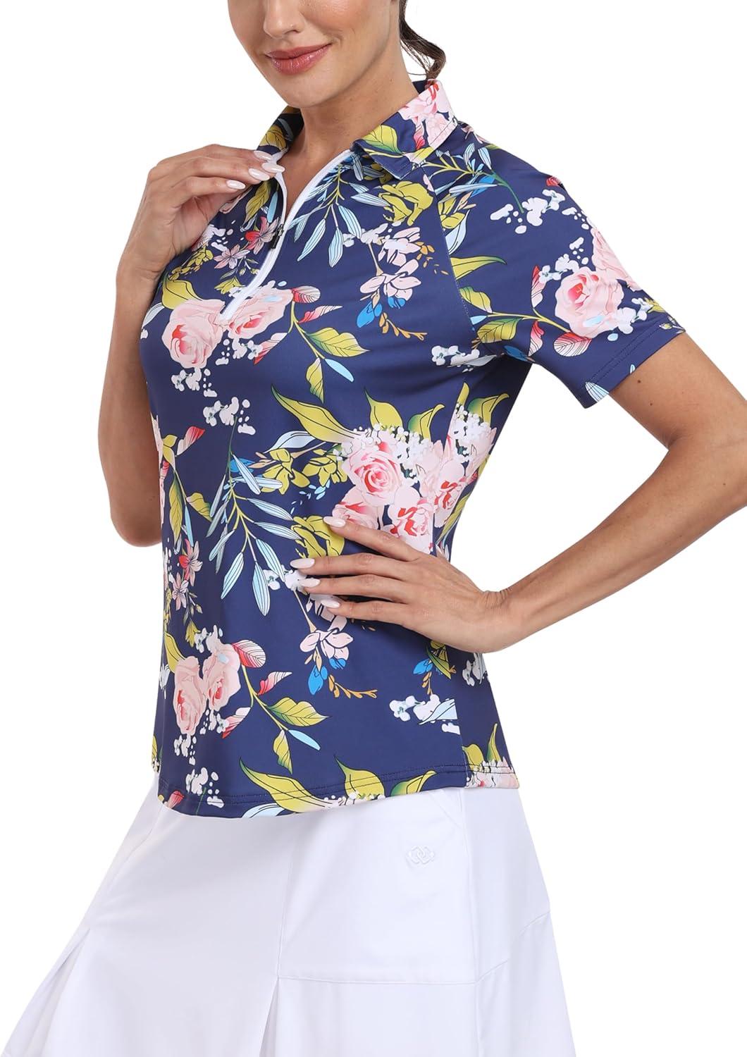 imageMoFiz Womens Golf Polo Shirts Short Sleeve Zip Up Collared Tennis Shirts Lightweight Dry Fit Sports Athletic Casual TopsBnavy Pattern