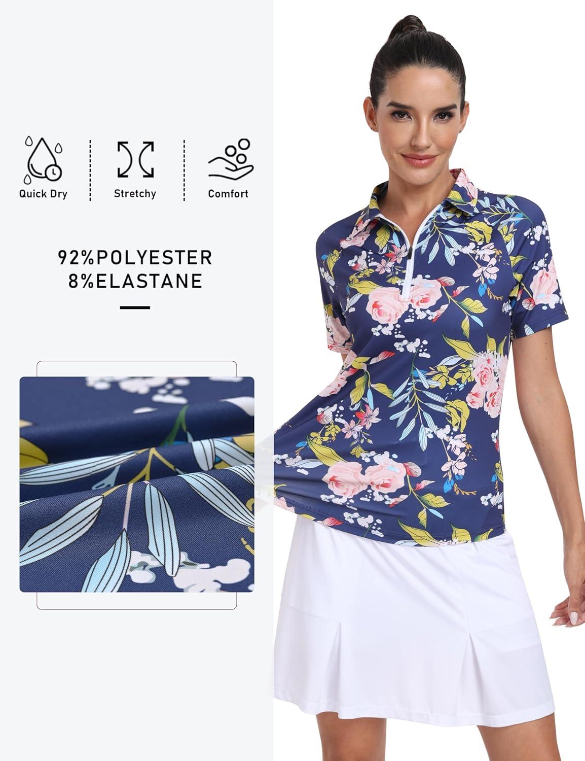 imageMoFiz Womens Golf Polo Shirts Short Sleeve Zip Up Collared Tennis Shirts Lightweight Dry Fit Sports Athletic Casual TopsBnavy Pattern