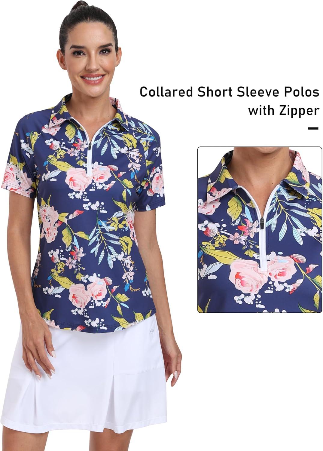 imageMoFiz Womens Golf Polo Shirts Short Sleeve Zip Up Collared Tennis Shirts Lightweight Dry Fit Sports Athletic Casual TopsBnavy Pattern