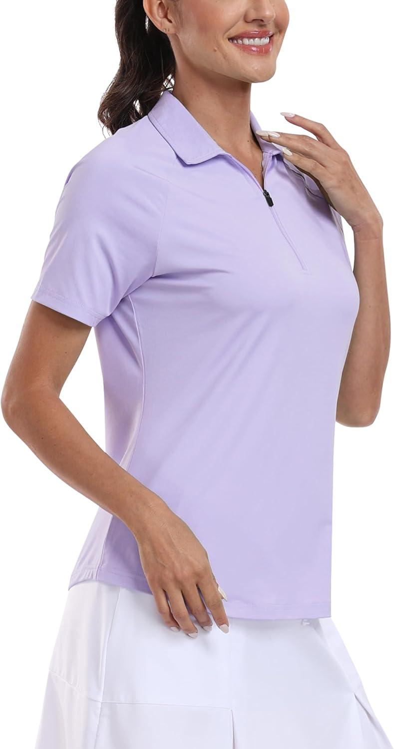 imageMoFiz Womens Golf Polo Shirts Short Sleeve Zip Up Collared Tennis Shirts Lightweight Dry Fit Sports Athletic Casual TopsBpurple