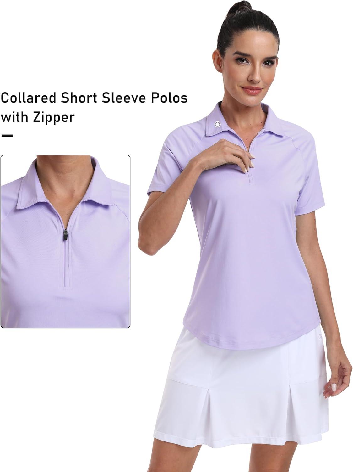 imageMoFiz Womens Golf Polo Shirts Short Sleeve Zip Up Collared Tennis Shirts Lightweight Dry Fit Sports Athletic Casual TopsBpurple