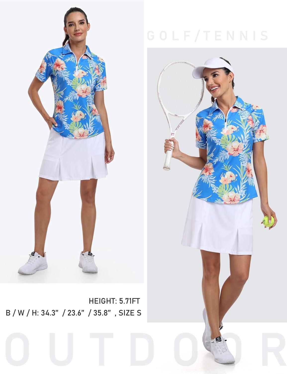 imageMoFiz Womens Golf Polo Shirts Short Sleeve Zip Up Collared Tennis Shirts Lightweight Dry Fit Sports Athletic Casual TopsBsky Blue Pattern