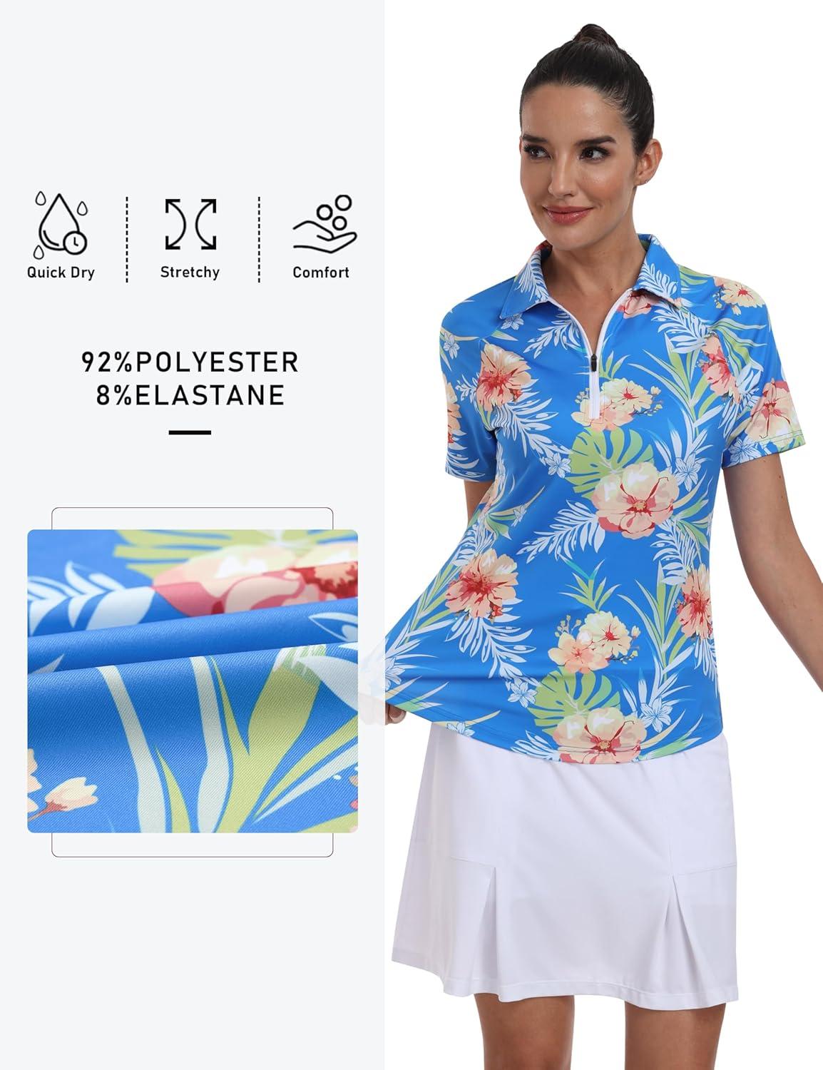 imageMoFiz Womens Golf Polo Shirts Short Sleeve Zip Up Collared Tennis Shirts Lightweight Dry Fit Sports Athletic Casual TopsBsky Blue Pattern