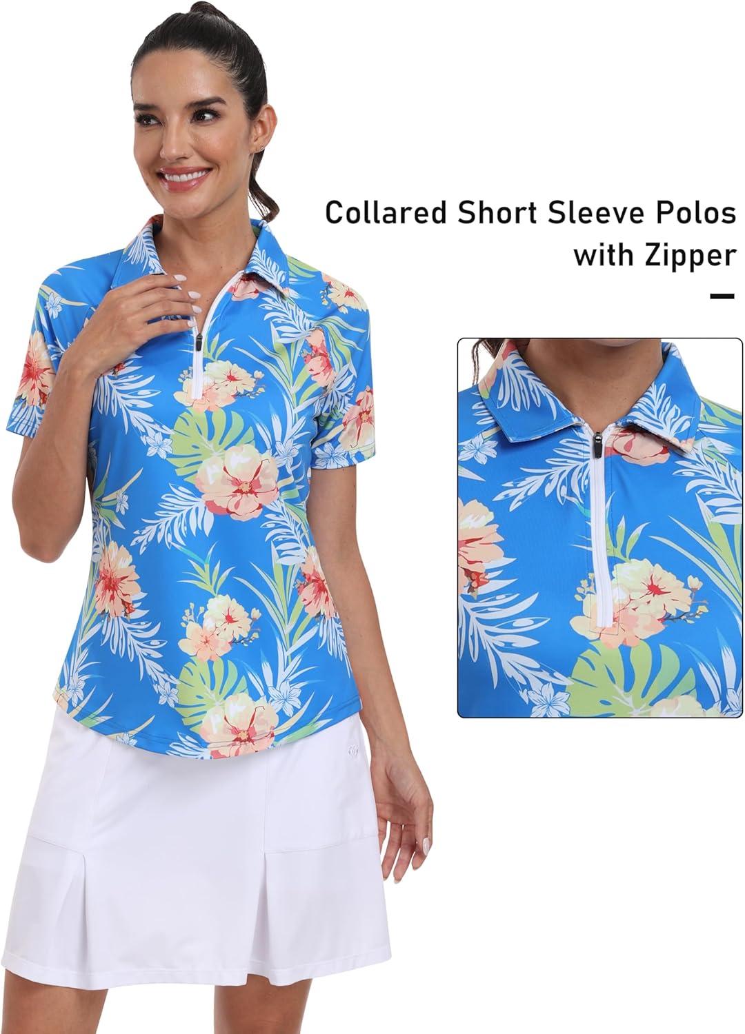 imageMoFiz Womens Golf Polo Shirts Short Sleeve Zip Up Collared Tennis Shirts Lightweight Dry Fit Sports Athletic Casual TopsBsky Blue Pattern