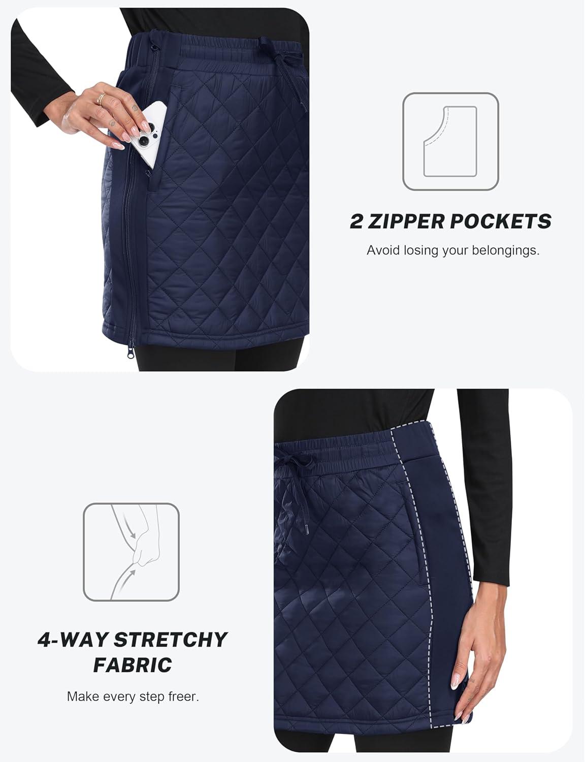 imageMoFiz Womens Quilted Puffer Skirt Insulated Warm Winter Skirt with Full Zipper Snow Skirts for Hiking Running Golf Outdoor9712navy Blue