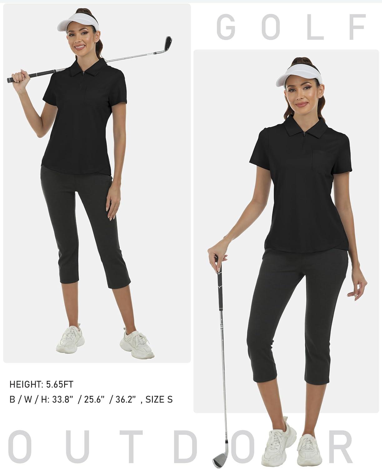 imageMoFiz Womens Zip up Golf Polo Shirt Short Sleeve Workout Golf Top Moisture Wicking Lightweight Tennis ShirtsAblack