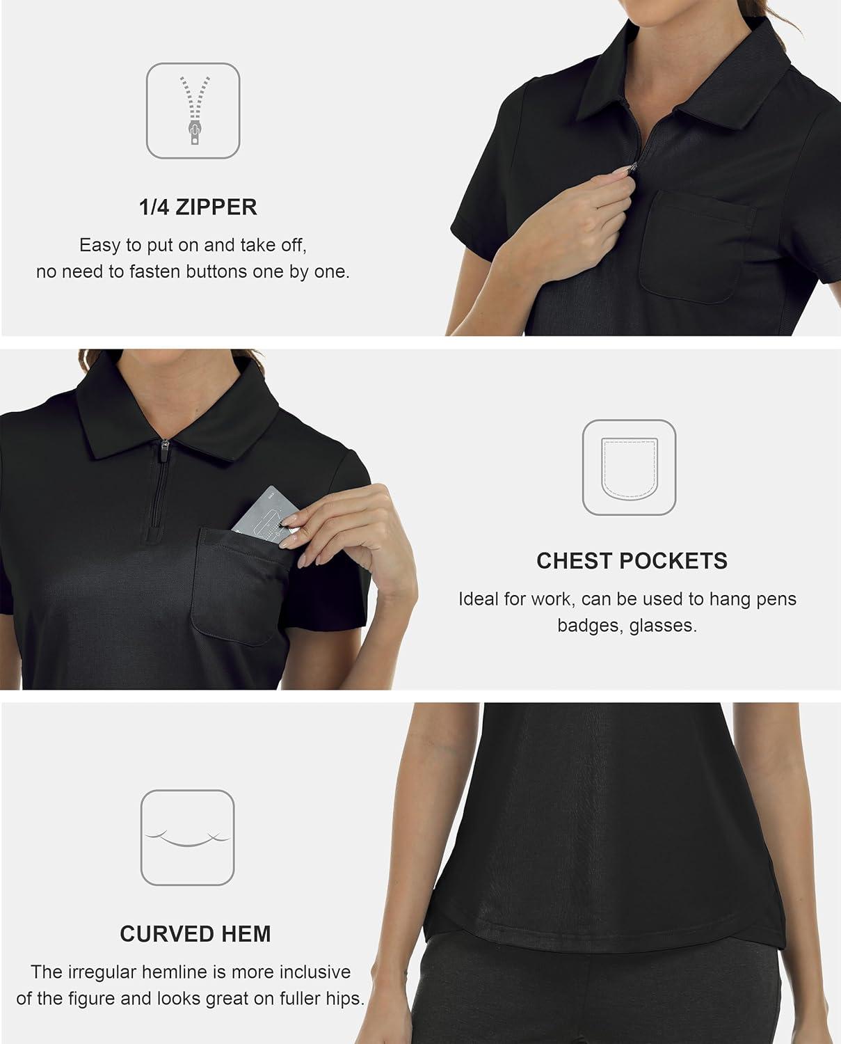 imageMoFiz Womens Zip up Golf Polo Shirt Short Sleeve Workout Golf Top Moisture Wicking Lightweight Tennis ShirtsAblack