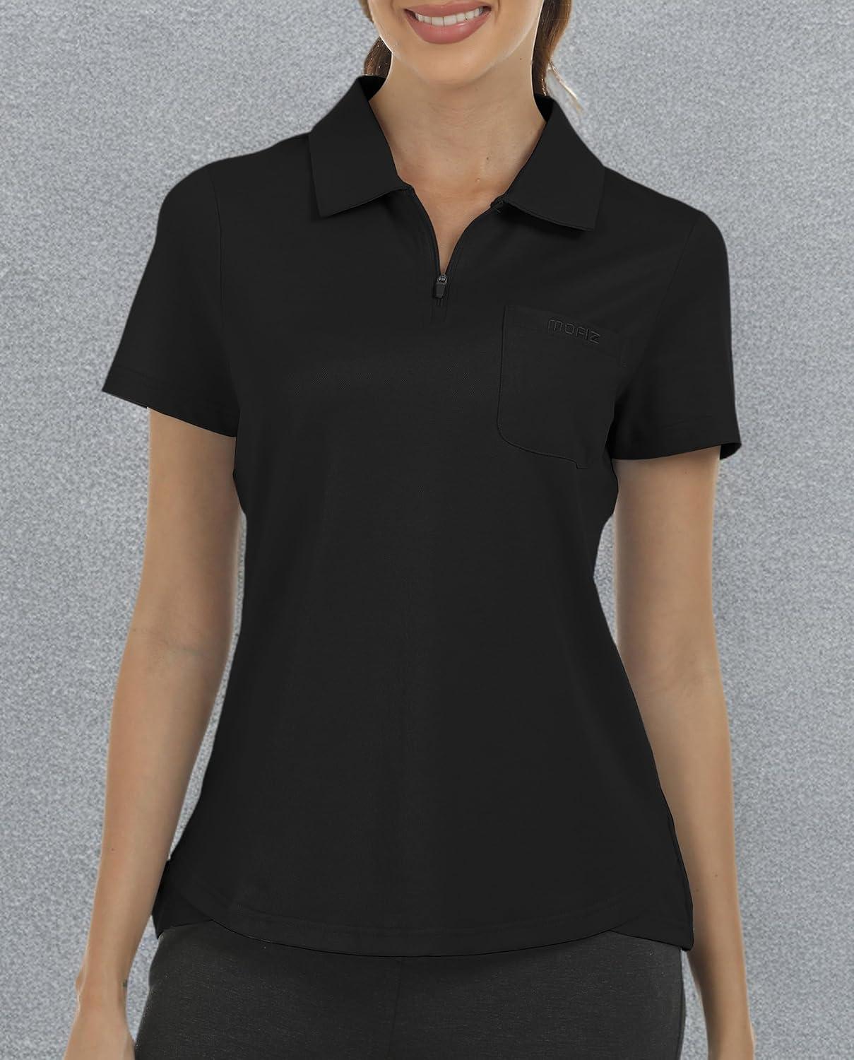 imageMoFiz Womens Zip up Golf Polo Shirt Short Sleeve Workout Golf Top Moisture Wicking Lightweight Tennis ShirtsAblack
