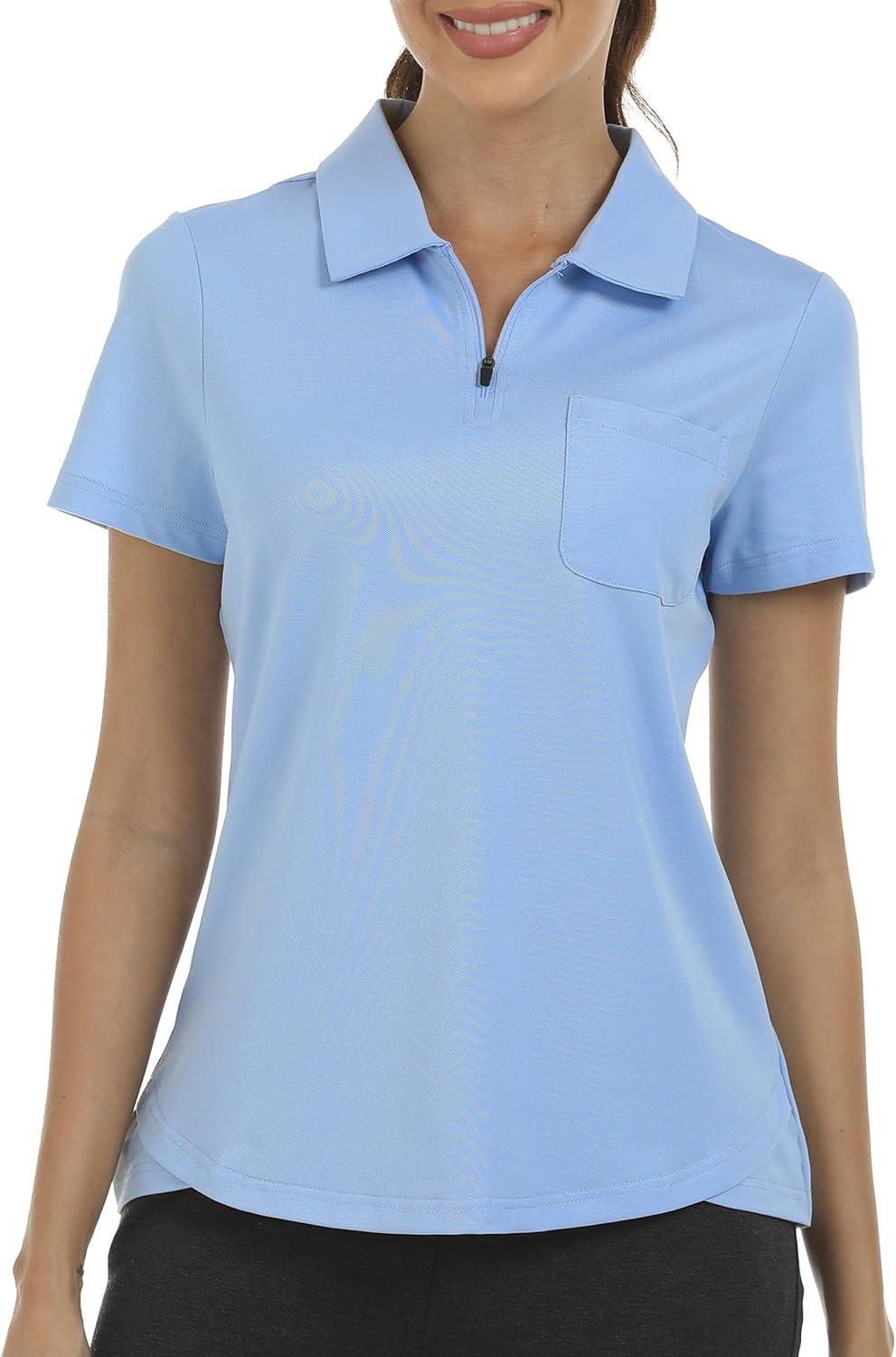 imageMoFiz Womens Zip up Golf Polo Shirt Short Sleeve Workout Golf Top Moisture Wicking Lightweight Tennis ShirtsAlight Blue