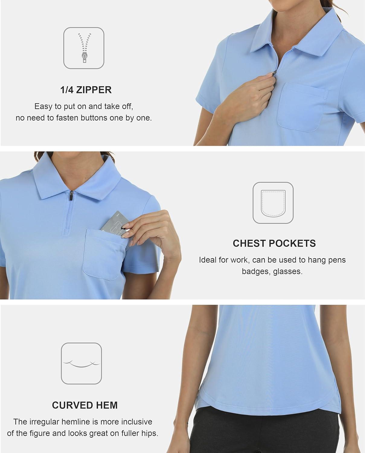 imageMoFiz Womens Zip up Golf Polo Shirt Short Sleeve Workout Golf Top Moisture Wicking Lightweight Tennis ShirtsAlight Blue