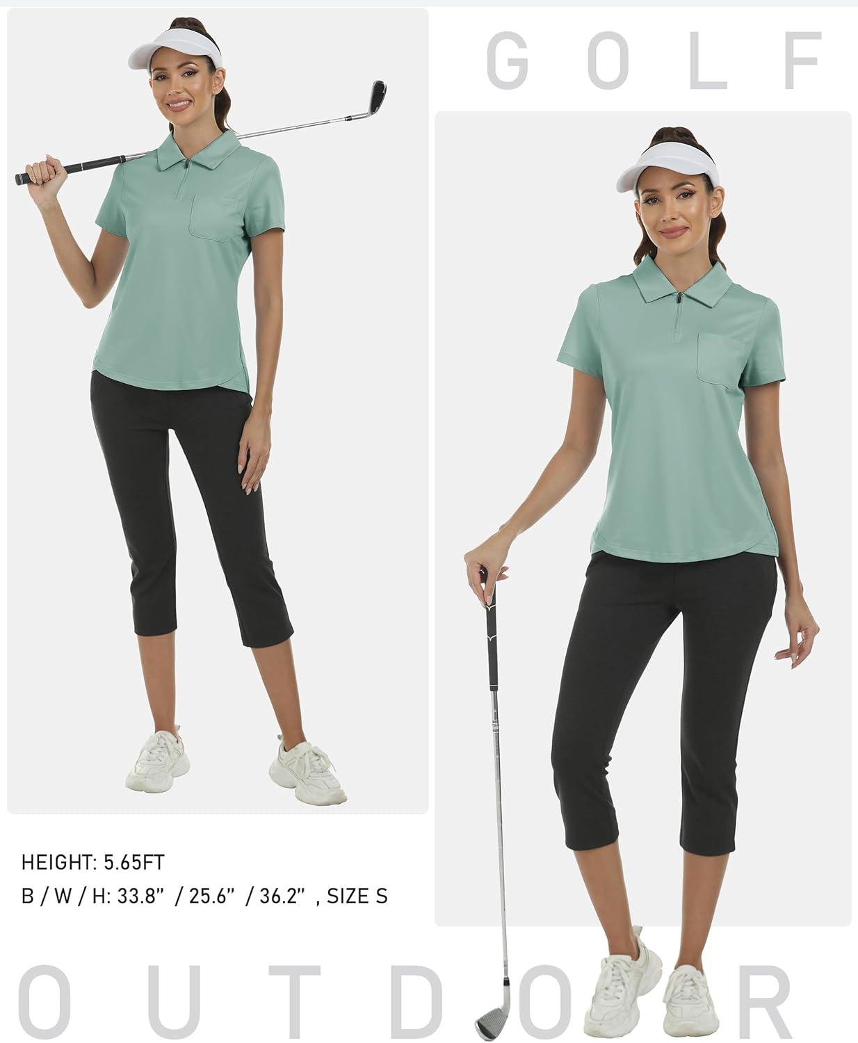 imageMoFiz Womens Zip up Golf Polo Shirt Short Sleeve Workout Golf Top Moisture Wicking Lightweight Tennis ShirtsAlight Green