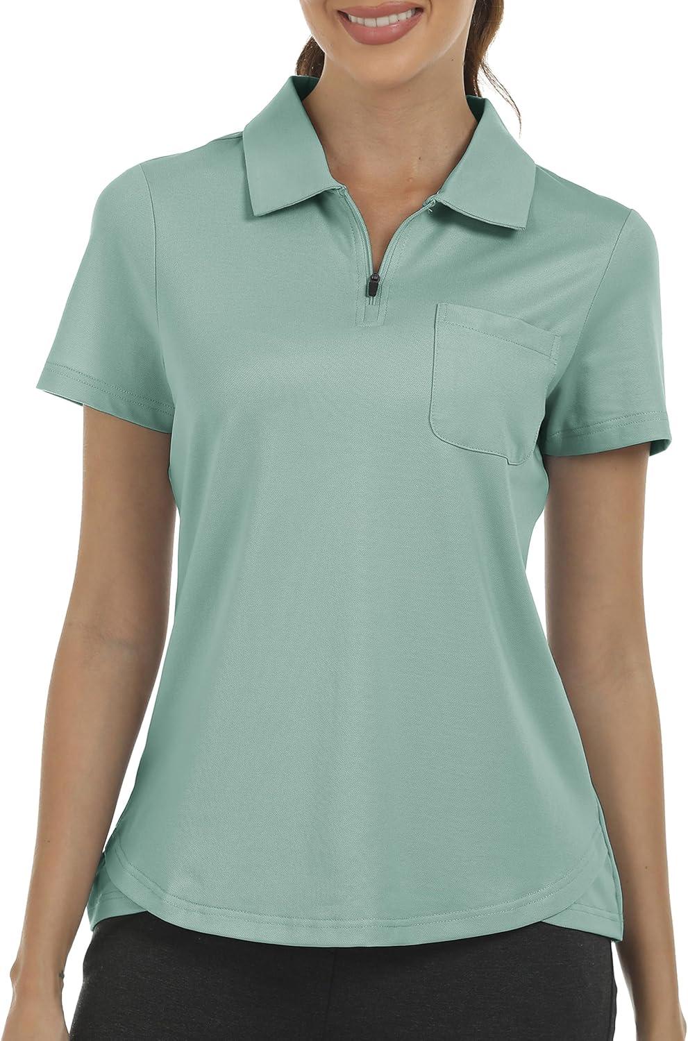 imageMoFiz Womens Zip up Golf Polo Shirt Short Sleeve Workout Golf Top Moisture Wicking Lightweight Tennis ShirtsAlight Green