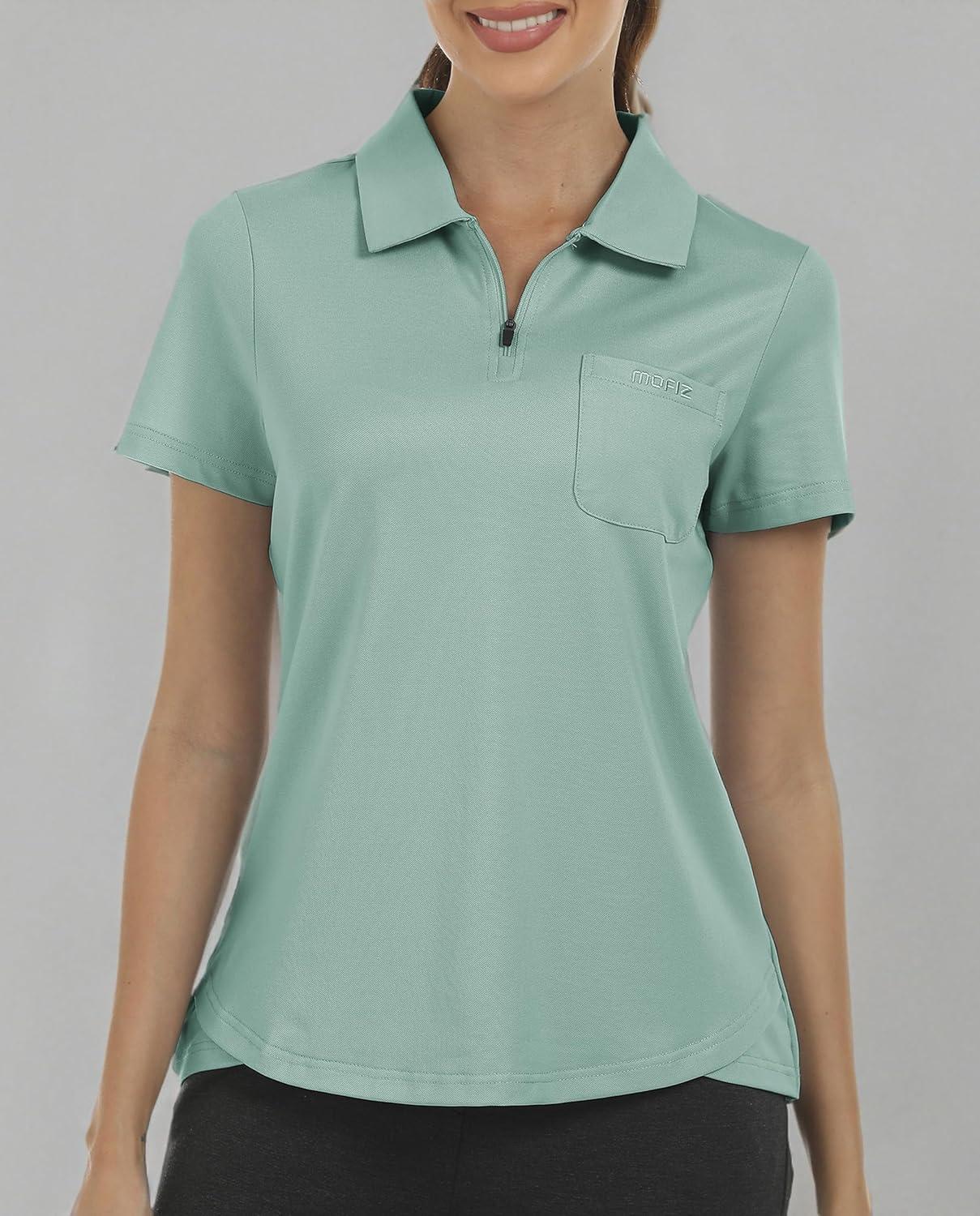 imageMoFiz Womens Zip up Golf Polo Shirt Short Sleeve Workout Golf Top Moisture Wicking Lightweight Tennis ShirtsAlight Green