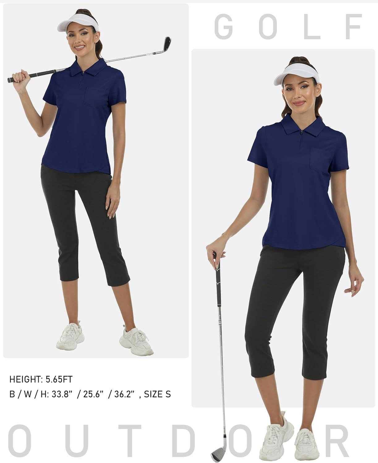 imageMoFiz Womens Zip up Golf Polo Shirt Short Sleeve Workout Golf Top Moisture Wicking Lightweight Tennis ShirtsAnavy Blue
