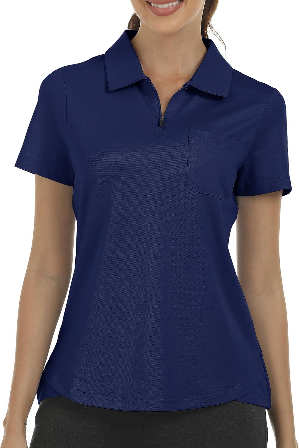 imageMoFiz Womens Zip up Golf Polo Shirt Short Sleeve Workout Golf Top Moisture Wicking Lightweight Tennis ShirtsAnavy Blue
