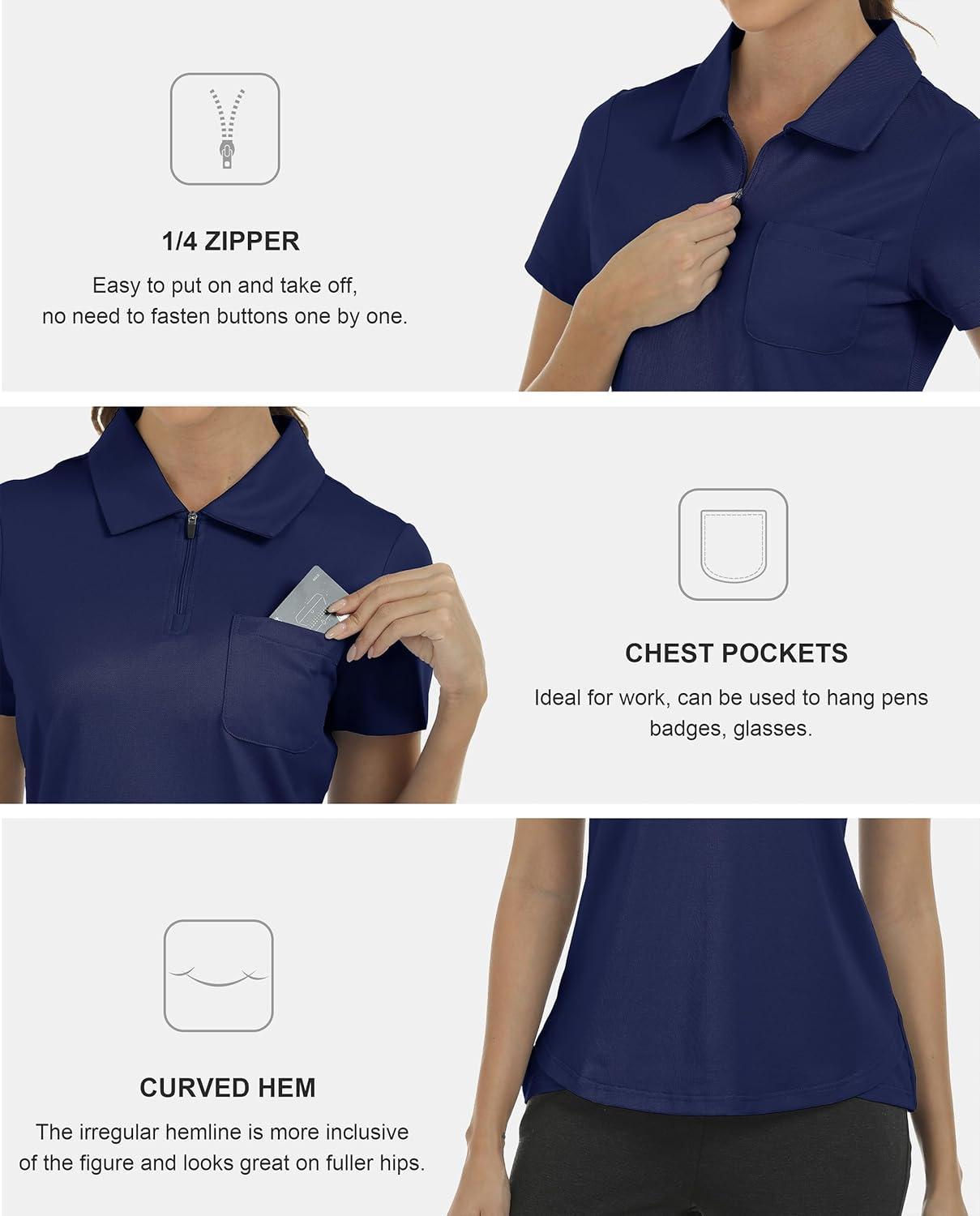 imageMoFiz Womens Zip up Golf Polo Shirt Short Sleeve Workout Golf Top Moisture Wicking Lightweight Tennis ShirtsAnavy Blue