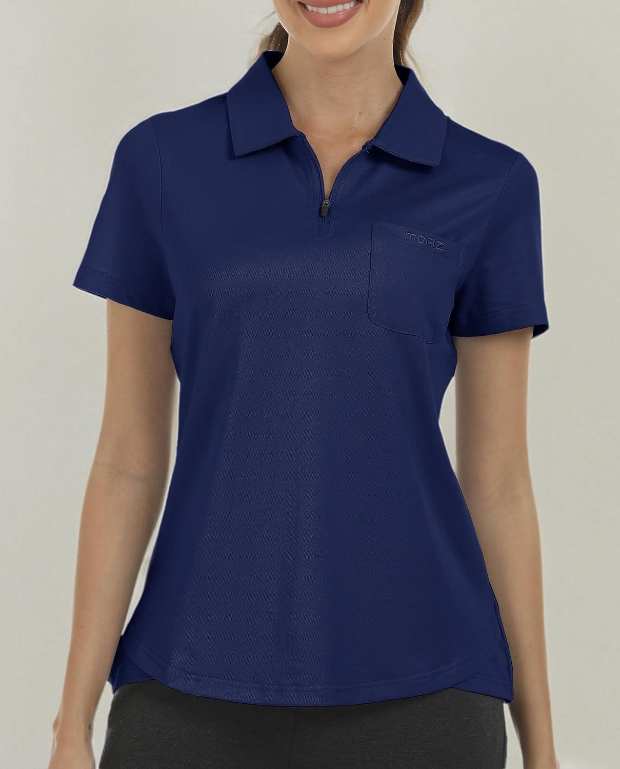 imageMoFiz Womens Zip up Golf Polo Shirt Short Sleeve Workout Golf Top Moisture Wicking Lightweight Tennis ShirtsAnavy Blue