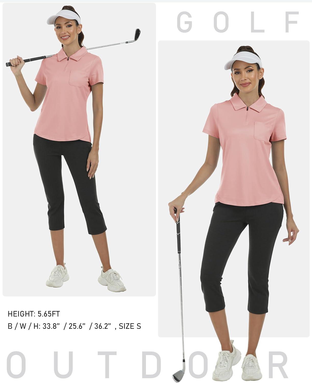 imageMoFiz Womens Zip up Golf Polo Shirt Short Sleeve Workout Golf Top Moisture Wicking Lightweight Tennis ShirtsApink
