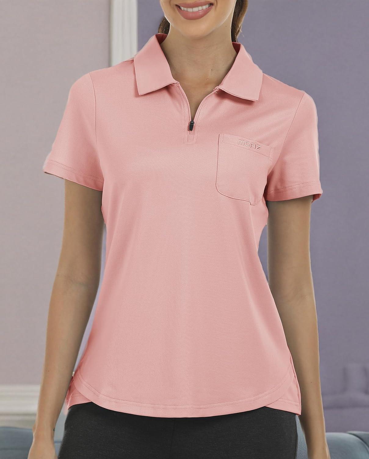 imageMoFiz Womens Zip up Golf Polo Shirt Short Sleeve Workout Golf Top Moisture Wicking Lightweight Tennis ShirtsApink