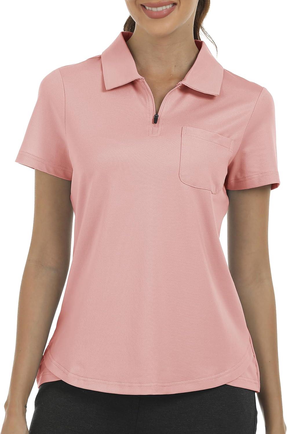 imageMoFiz Womens Zip up Golf Polo Shirt Short Sleeve Workout Golf Top Moisture Wicking Lightweight Tennis ShirtsApink