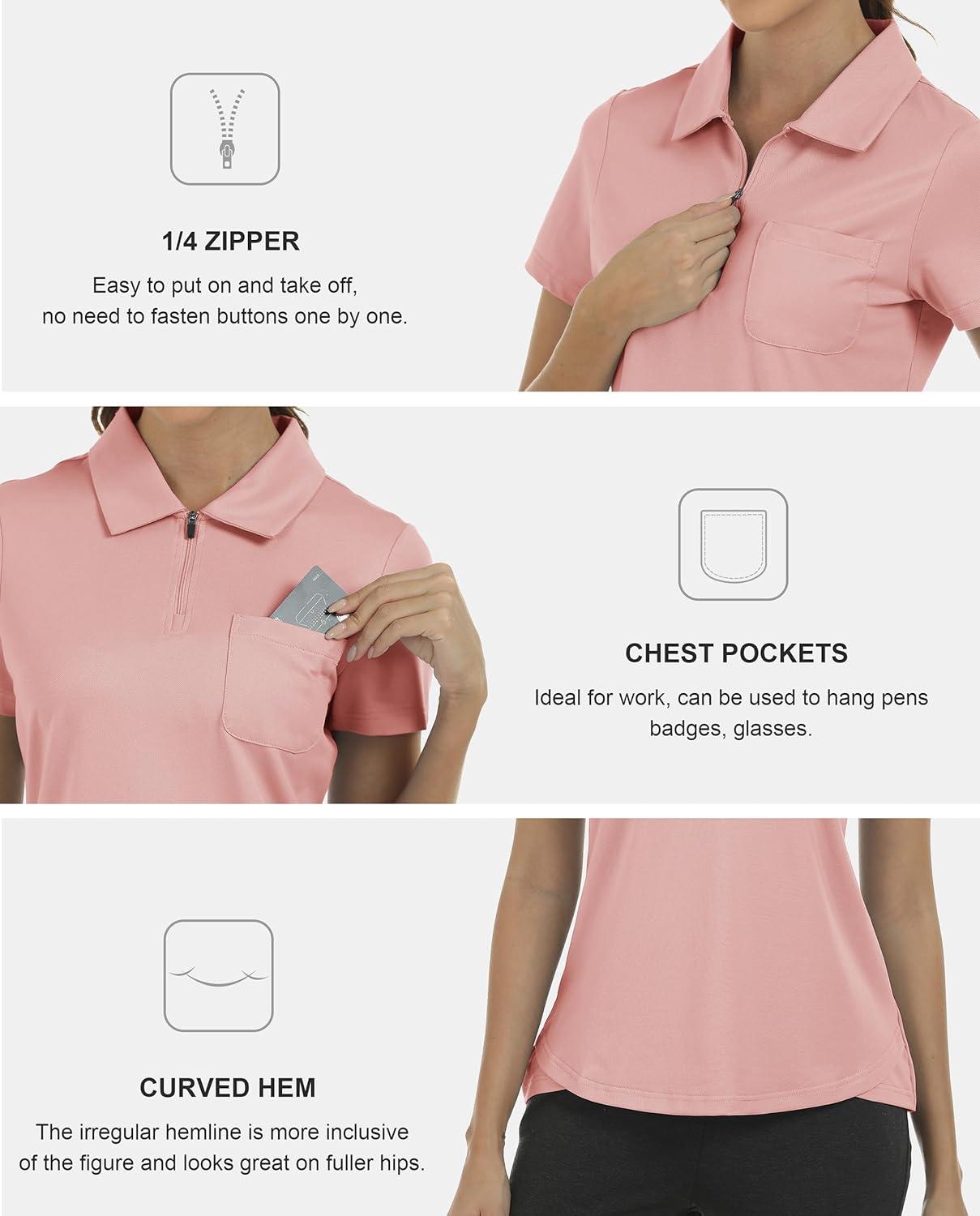 imageMoFiz Womens Zip up Golf Polo Shirt Short Sleeve Workout Golf Top Moisture Wicking Lightweight Tennis ShirtsApink