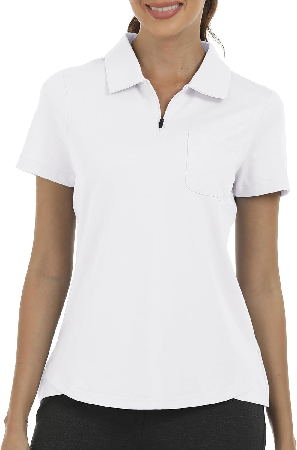 imageMoFiz Womens Zip up Golf Polo Shirt Short Sleeve Workout Golf Top Moisture Wicking Lightweight Tennis ShirtsAwhite