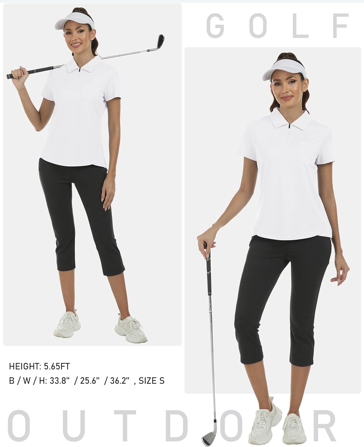 imageMoFiz Womens Zip up Golf Polo Shirt Short Sleeve Workout Golf Top Moisture Wicking Lightweight Tennis ShirtsAwhite
