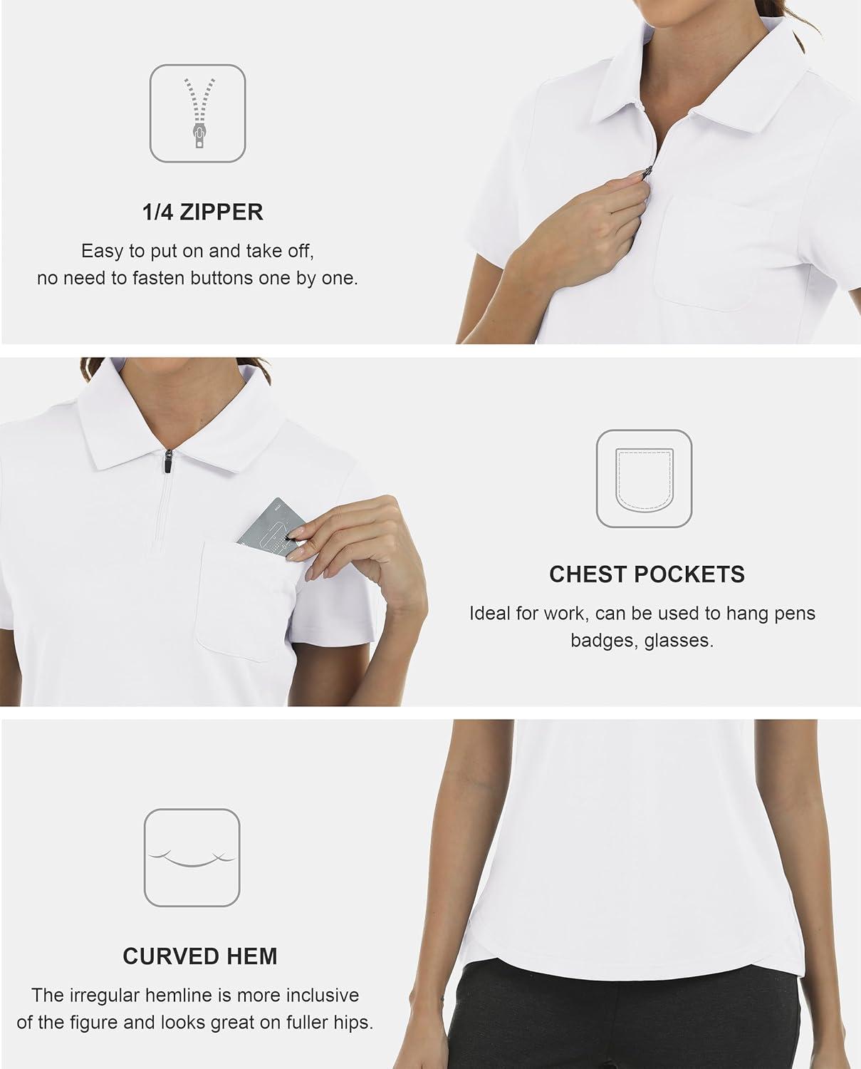 imageMoFiz Womens Zip up Golf Polo Shirt Short Sleeve Workout Golf Top Moisture Wicking Lightweight Tennis ShirtsAwhite