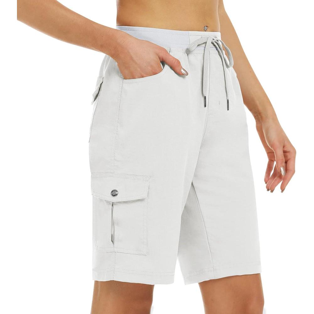 imageMoFiz Womens 10quot Hiking Cargo Shorts 6 Pockets Lightweight Quick Dry Outdoor Running Athletic Short Summer Travel LooseRice White