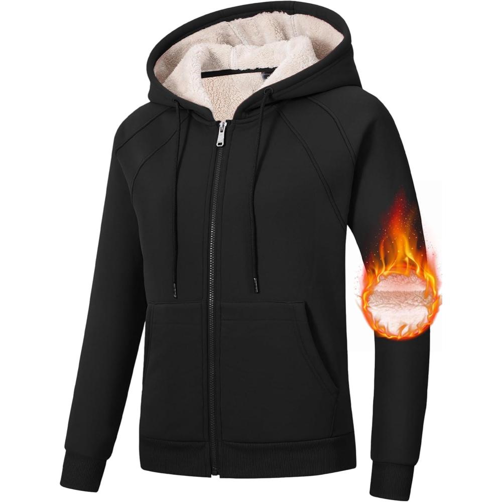 imageMoFiz Womens Fleece Zip Up Hoodie Warm and Cozy Sherpa Lined Sweatshirt Winter Hoodie Jackets for Women with PocketsBlack