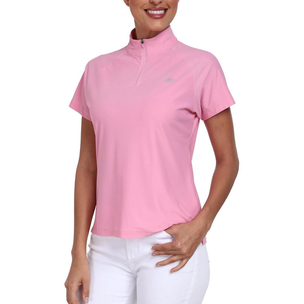 imageMoFiz Womens Golf Polo Shirt UPF 50 Sun Protection QuickDry Short Sleeve TShirt 14 Zip Collared Athletic Tennis TopsPink