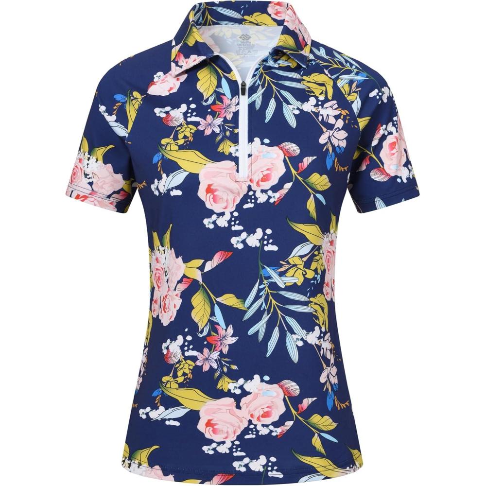 imageMoFiz Womens Golf Polo Shirts Short Sleeve Zip Up Collared Tennis Shirts Lightweight Dry Fit Sports Athletic Casual TopsBnavy Pattern
