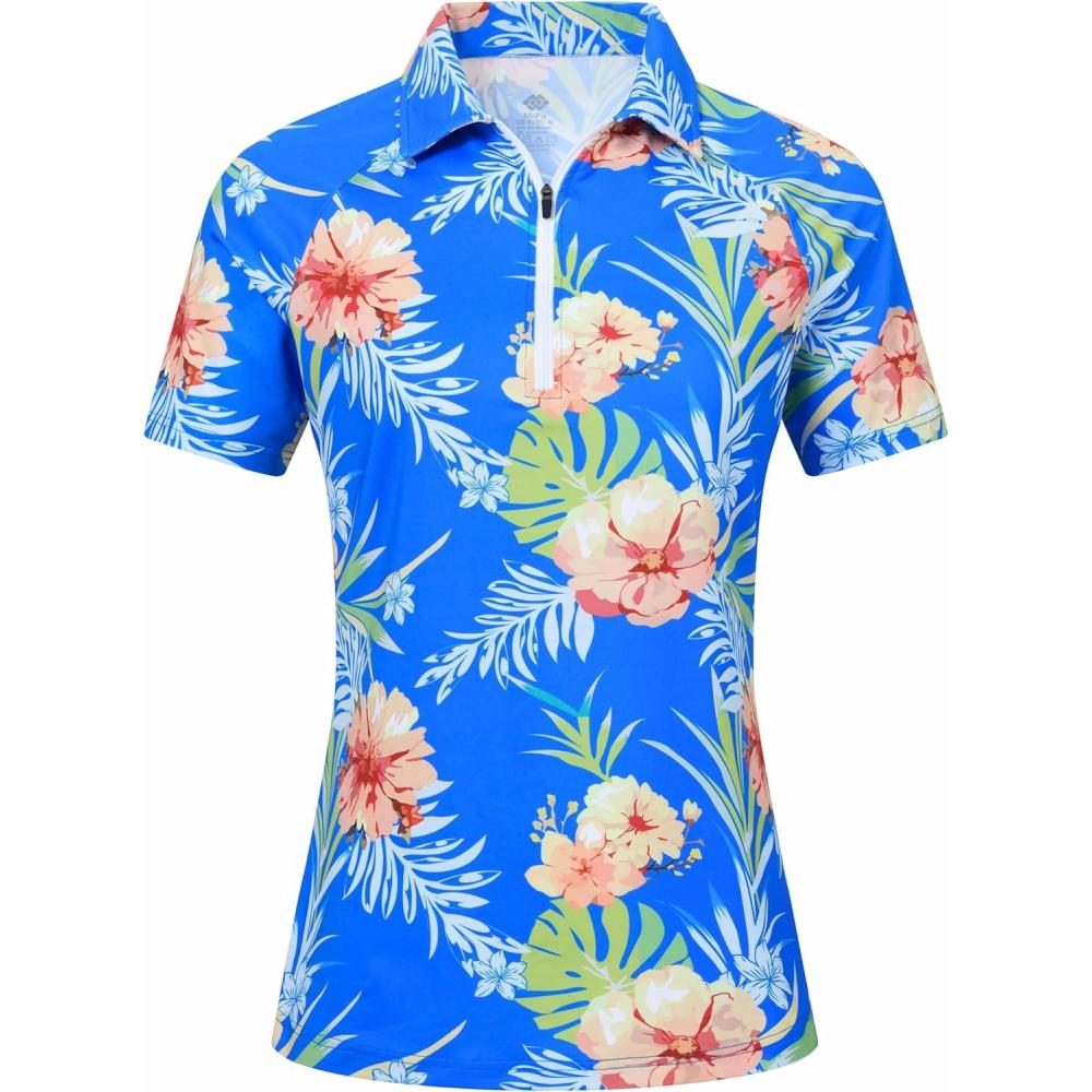 imageMoFiz Womens Golf Polo Shirts Short Sleeve Zip Up Collared Tennis Shirts Lightweight Dry Fit Sports Athletic Casual TopsBsky Blue Pattern