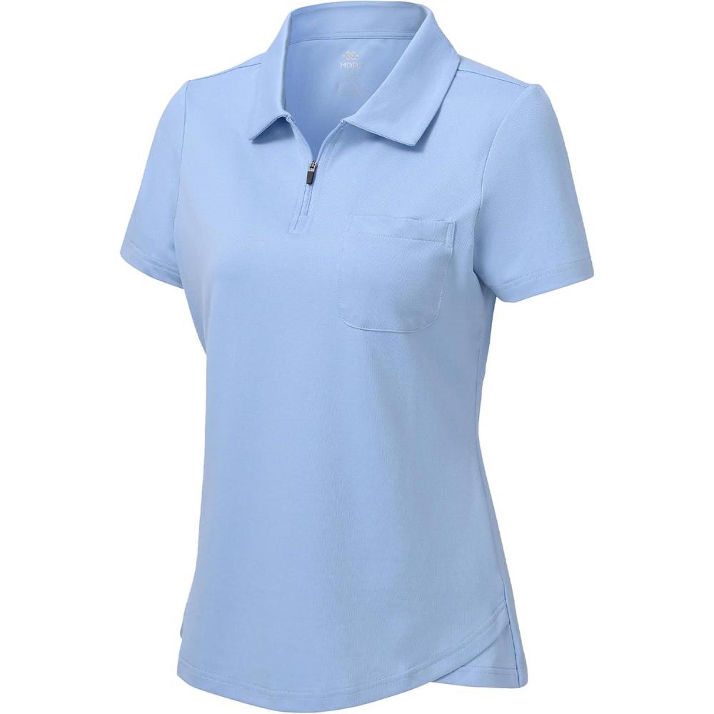 imageMoFiz Womens Zip up Golf Polo Shirt Short Sleeve Workout Golf Top Moisture Wicking Lightweight Tennis ShirtsAlight Blue