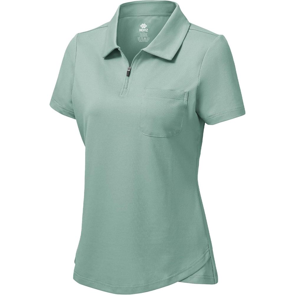 imageMoFiz Womens Zip up Golf Polo Shirt Short Sleeve Workout Golf Top Moisture Wicking Lightweight Tennis ShirtsAlight Green