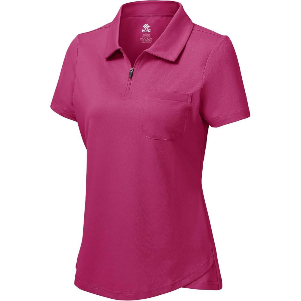 imageMoFiz Womens Zip up Golf Polo Shirt Short Sleeve Workout Golf Top Moisture Wicking Lightweight Tennis ShirtsArose Red