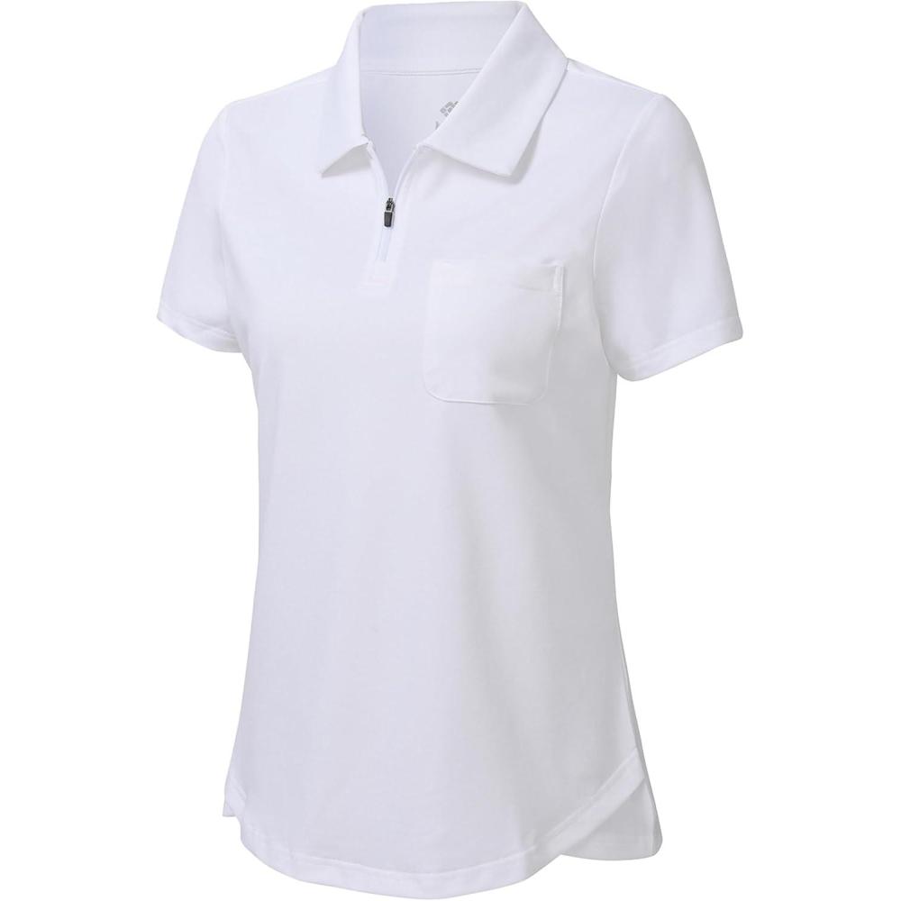 imageMoFiz Womens Zip up Golf Polo Shirt Short Sleeve Workout Golf Top Moisture Wicking Lightweight Tennis ShirtsAwhite