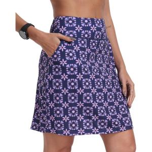 MoFiz Women’s 20″ Knee Length Golf Skorts Athletic Skirts Summer Casual Active Workout Sports Tennis Skirt with 4 Pockets(B05-flowers Blue Purple)