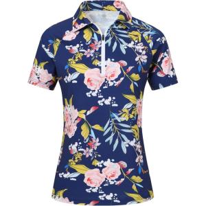 MoFiz Women’s Golf Polo Shirts Short Sleeve Zip Up Collared Tennis Shirts Lightweight Dry Fit Sports Athletic Casual Tops(B-navy Pattern)